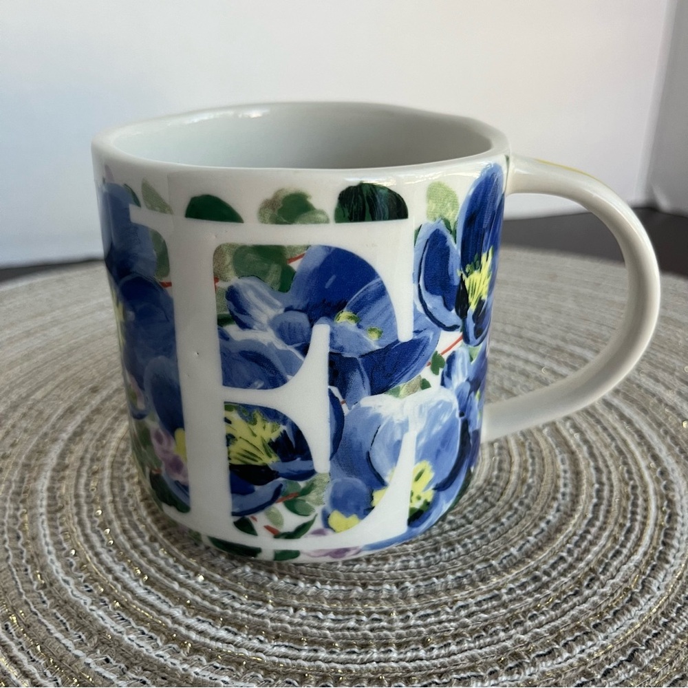 Anthropologie Floral Monogram Mug “E” Blue Purple Yellow Ceramic Coffee Tea Cup